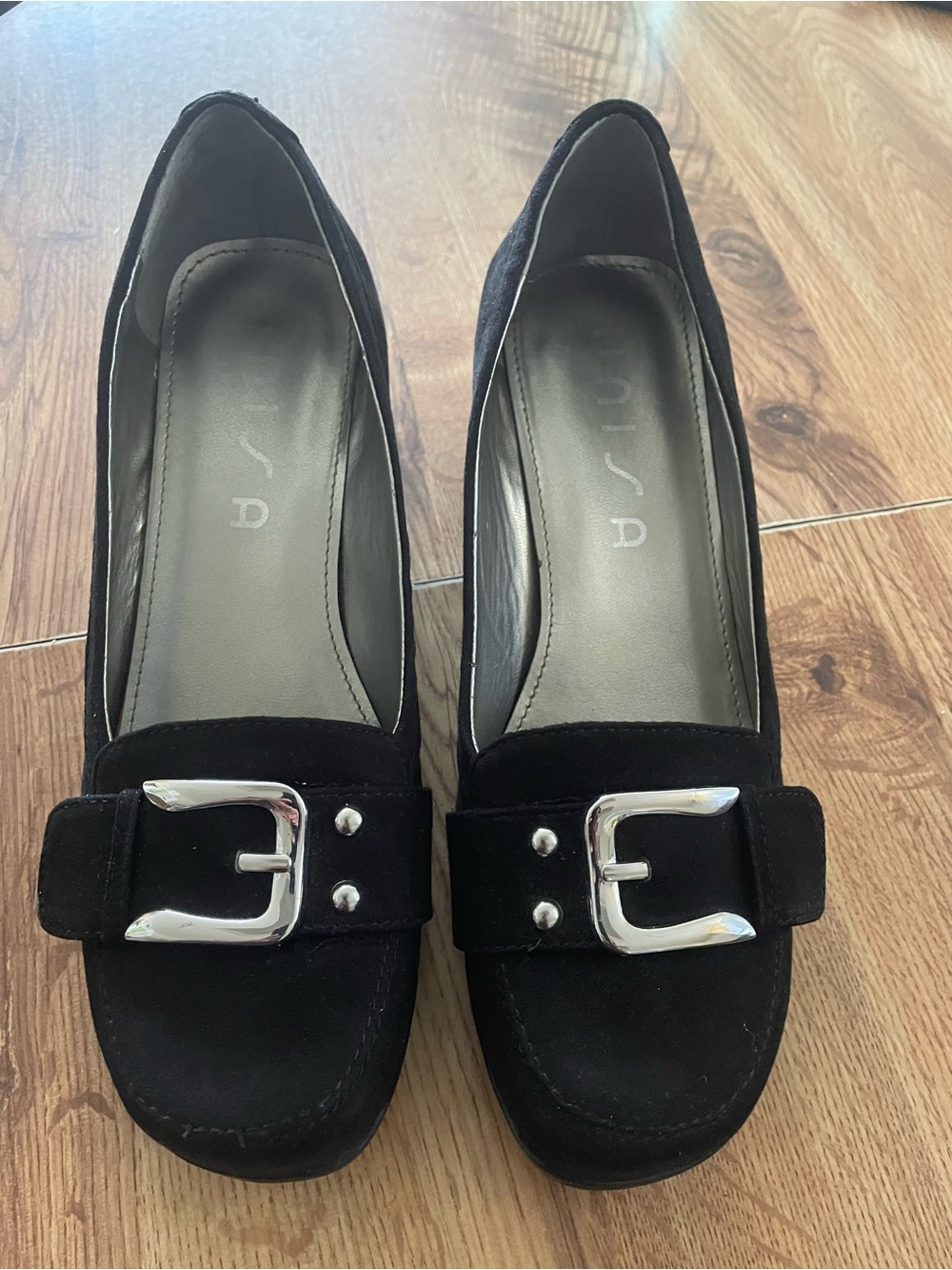 Unisa Black Suede Loafers with Silver Buckle